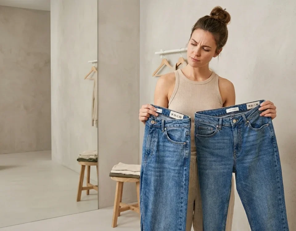 Photorealistic fashion image of a woman in a dressing room holding two different pairs of jeans with different size tags, looking slightly confused but thoughtful. A mirror behind her showing the jeans on her waist. Neutral fashion studio lighting, modern minimal dressing room, realistic denim textures. Background theme #F5F2ED