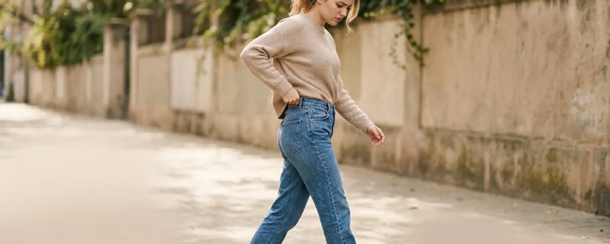 image of a young woman walking while subtly pulling up the waistband of her jeans. Slight gap visible at the back of the waistband to clearly show the slipping problem. Natural body movement, casual everyday outfit, confident but slightly frustrated expression.