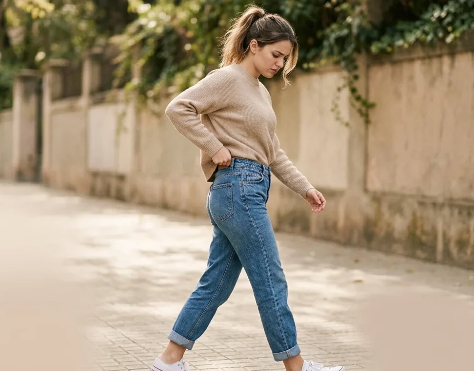 image of a young woman walking while subtly pulling up the waistband of her jeans. Slight gap visible at the back of the waistband to clearly show the slipping problem. Natural body movement, casual everyday outfit, confident but slightly frustrated expression.