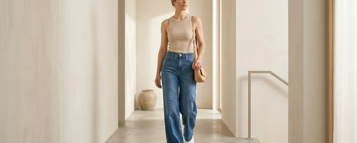 stylish woman walking confidently wearing wide-leg jeans with a fitted top. The jeans flow naturally with movement. Modern minimal background