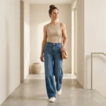 stylish woman walking confidently wearing wide-leg jeans with a fitted top. The jeans flow naturally with movement. Modern minimal background