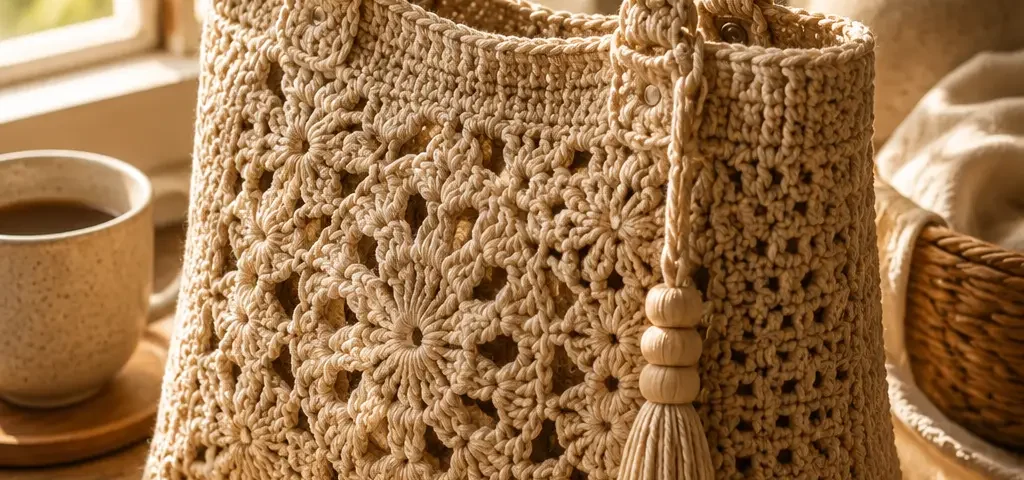 A stylish handmade crochet handbag placed on a wooden table beside yarn, crochet hooks, coffee, and soft sunlight entering through a window. Cozy artisan aesthetic.