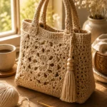 A stylish handmade crochet handbag placed on a wooden table beside yarn, crochet hooks, coffee, and soft sunlight entering through a window. Cozy artisan aesthetic.