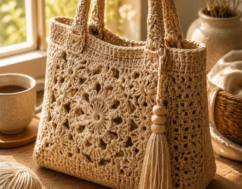 A stylish handmade crochet handbag placed on a wooden table beside yarn, crochet hooks, coffee, and soft sunlight entering through a window. Cozy artisan aesthetic.