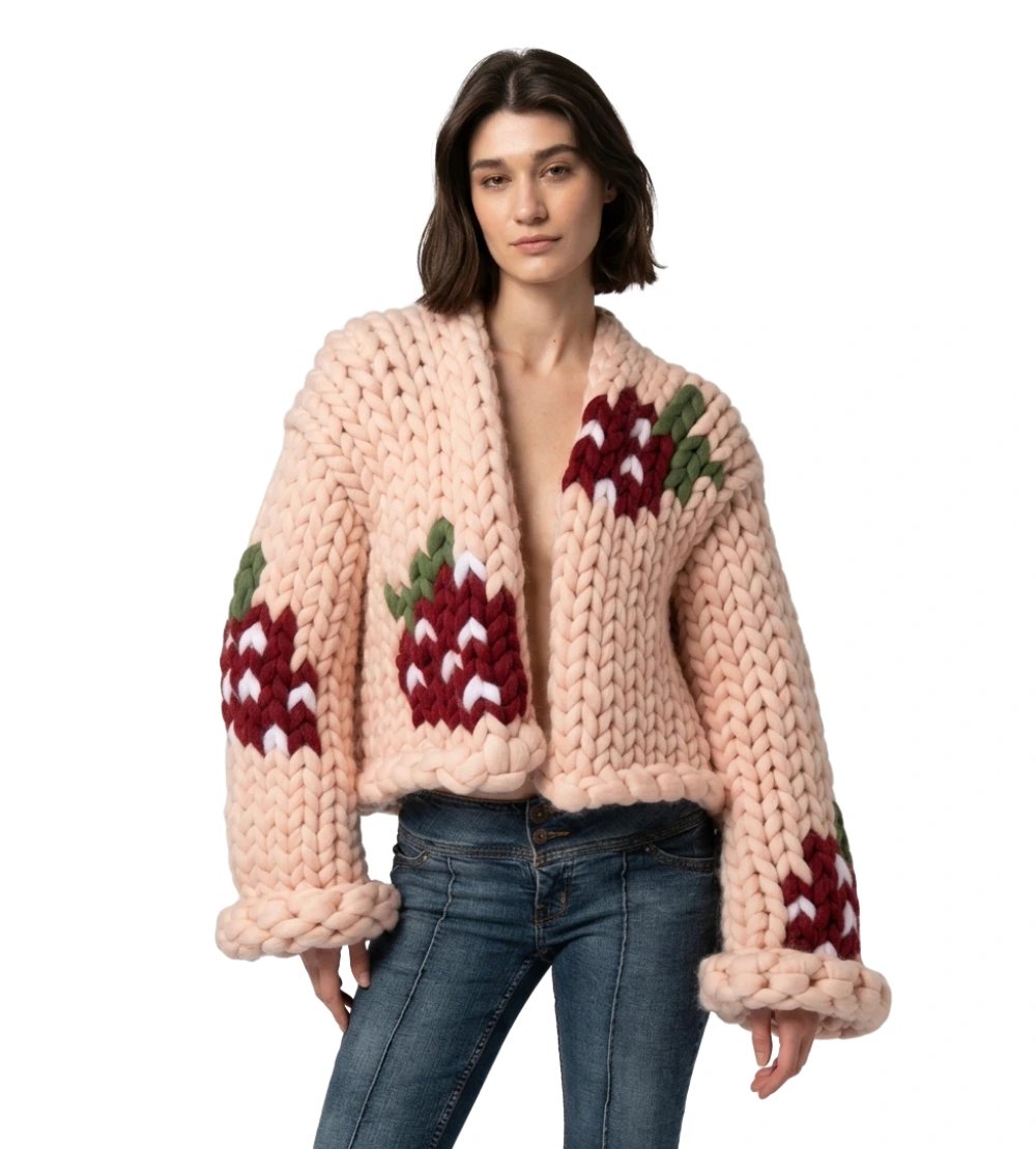 Chunky Knit Strawberry Cardigan with Statement Balloon Sleeves