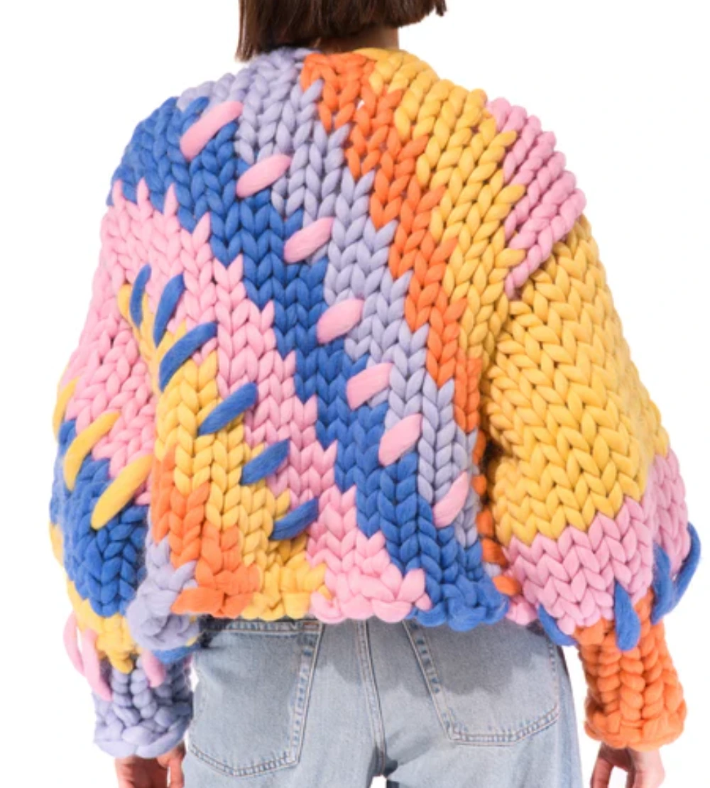 Oversized Chunky Knit Colorblock Cardigan