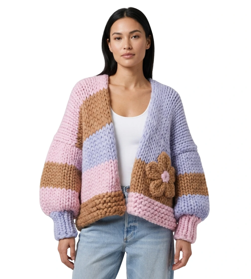 Over-Sized Chunky Knit Pastel Striped Cardigan with Flower Detail