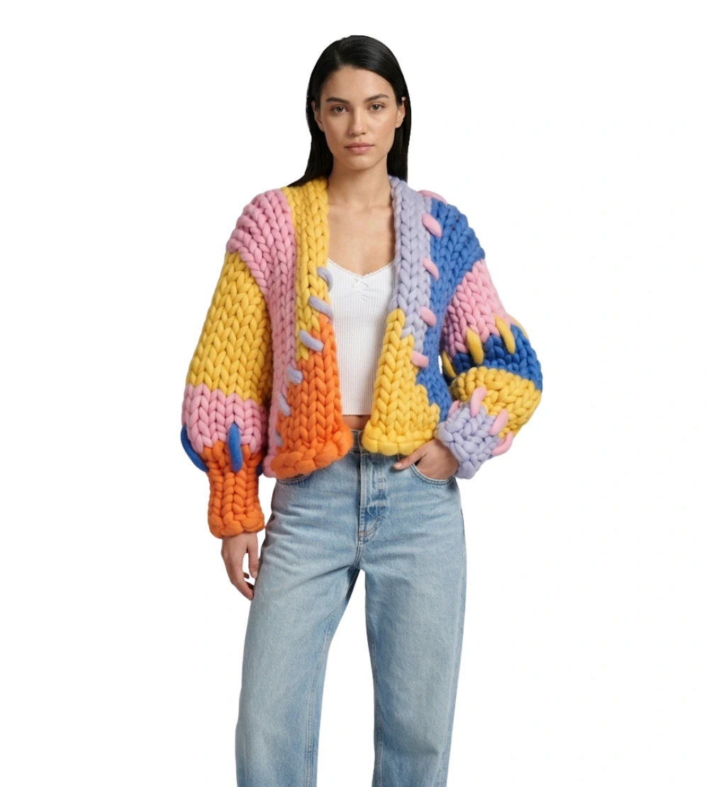 Oversized Chunky Knit Colorblock Cardigan