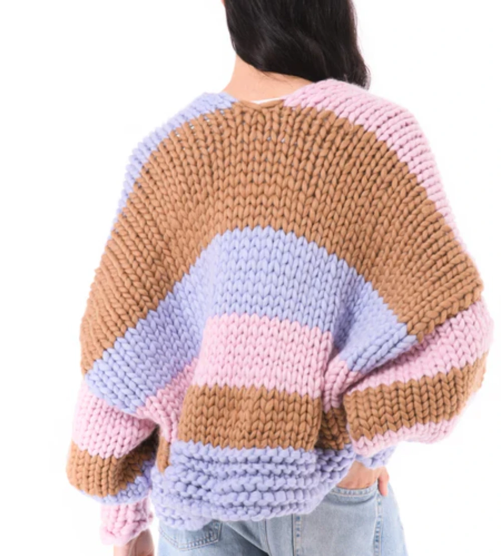 Over-Sized Chunky Knit Pastel Striped Cardigan with Flower Detail