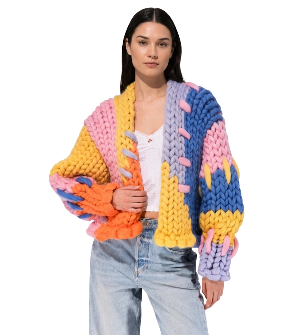 Oversized Chunky Knit Colorblock Cardigan
