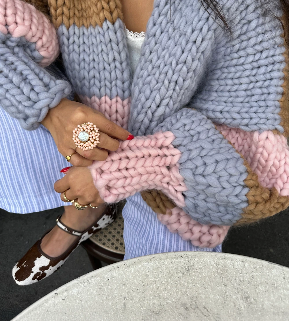 Over-Sized Chunky Knit Pastel Striped Cardigan with Flower Detail